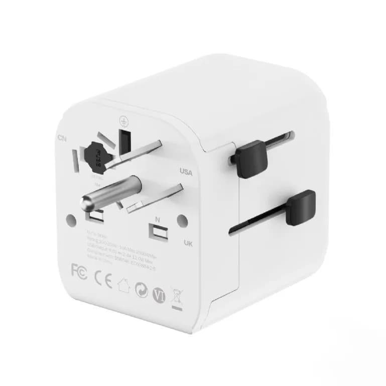 ADAPTOR GEMBIRD, universal, EU la conectori: US/UK/CN/AU, cu impamantare, 1x Schuko, 2x USB-A 12W, siguranta 10A, max. 2500W, alb, "TPA-EU2A12-01-W" — miniatură