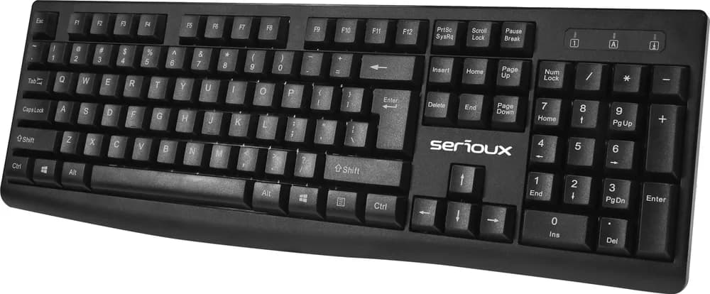Kit Serioux cu fir, Tastatura: interfata USB, 104 taste, material ABS, US layout, lungime cablu 1.5m PVC, dimensiuni 440*159*25mm, negru, Mouse: interfata USB, 4 butoane, polling rate 125 Hz, rezolutie DPI 1000, lungime cablu 1.5m PVC, dimensiuni 109*61*37mm, negru — miniatură