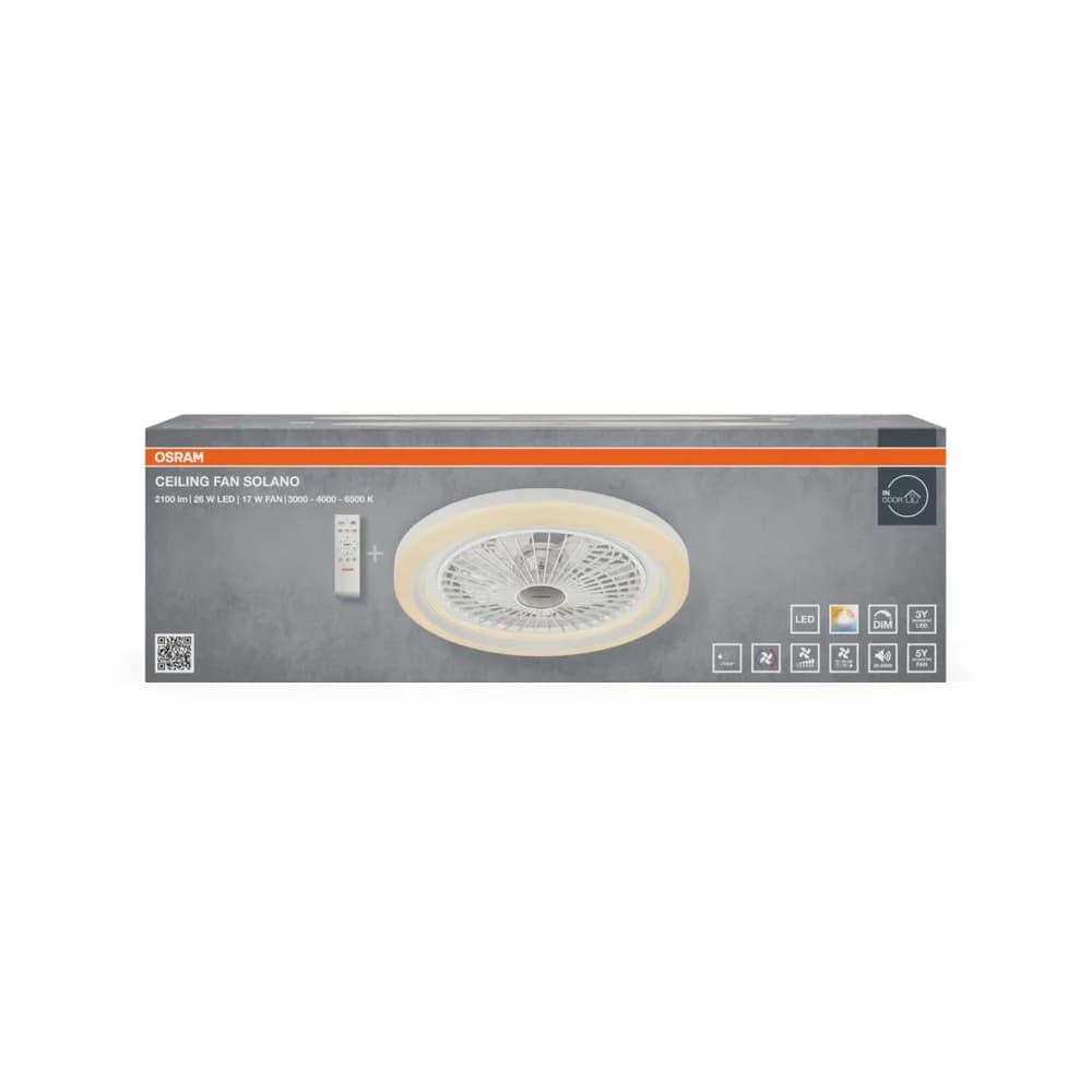 Plafoniera LED CCT cu ventilator Osram Solano cu Telecomanda, 43W, 2100lm, lumina alba (3000-4000-6500K), dimabila, IP20, max 1168 m³/h, timer 1h-4h-8h, Alb — miniatură