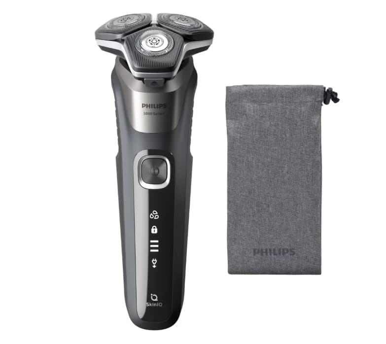 Aparat de barbierit PHILIPS Shaver Seria 5000 S5887/10, barbierit umed/uscat, tehnologie SkinIQ, fara fir, capete flexibile 360°, display LED, senzor Power Adapt, lame auto-ascutire, lama de tuns integrata, 60 min, husa, Gri carbon — miniatură