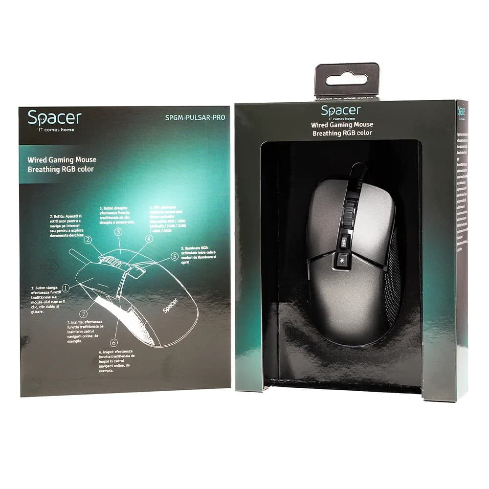 MOUSE Spacer - gaming, gaming, cu fir, USB, optic, rezolutie selectabila max. 8.000 dpi, butoane/scroll 7/1, iluminare RGB, negru, "SPGM-PULSAR-PRO" — miniatură