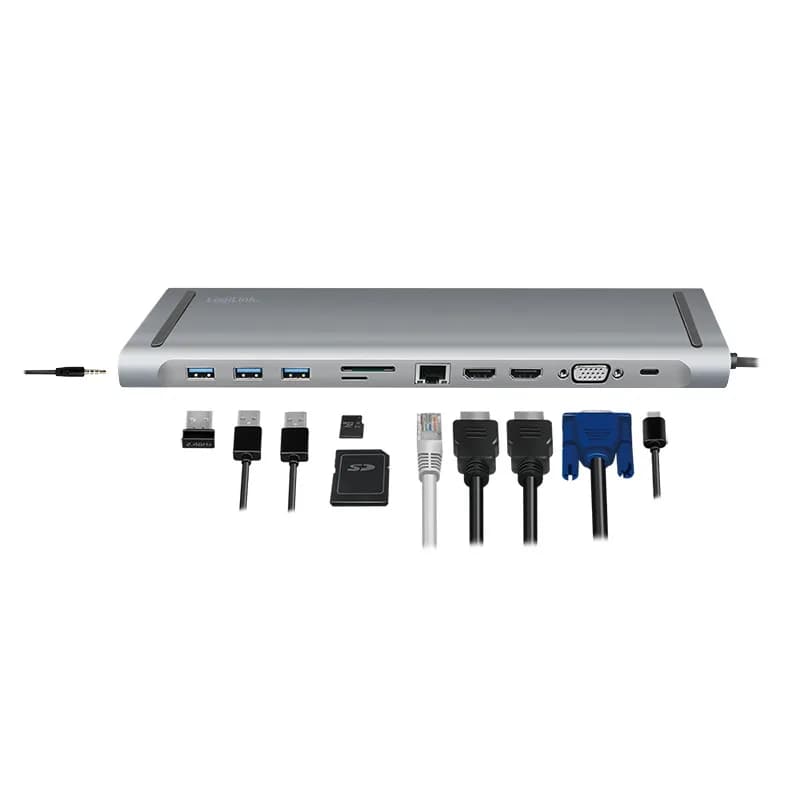 DOCKING Station LOGILINK universal, conectare PC USB TYPE-C 3.2, USB 3.0 x 3, porturi video VGA x 1, HDMI x 2, RJ-45, card reader, PD 3.0 pana la 100W, argintiu, "UA0373" — miniatură