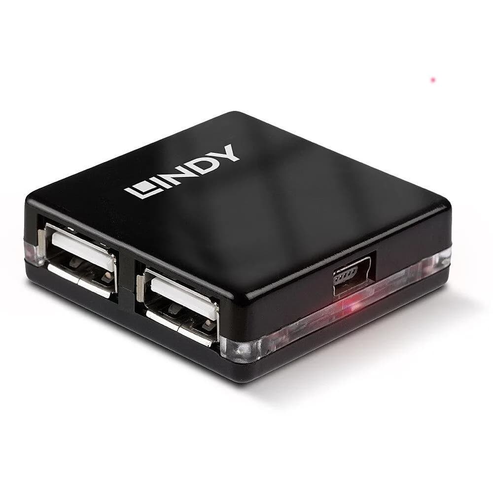 Hub USB LINDY 4 Port USB 2.0 Mini Hub USB-A, 4 porturi, Negru — miniatură