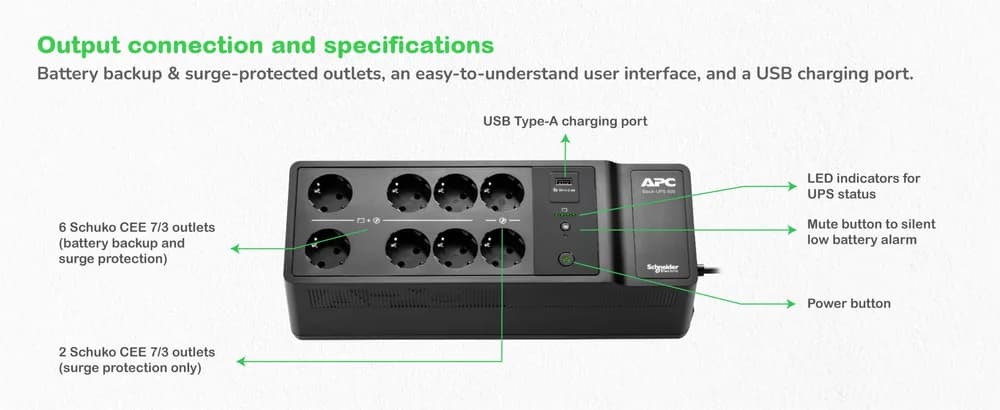 APC Back-UPS 500VA 8 schuko outlets 230V 1 USB charging port "BE500G2-GR" — miniatură
