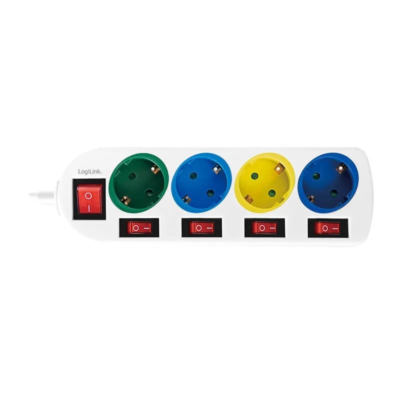 PRELUNGITOR LOGILINK, Schuko x 4, conectare prin Schuko (T), cablu 1.5 m, 16 A, protectie copii, alb/ multicolor, "LPS257" — miniatură