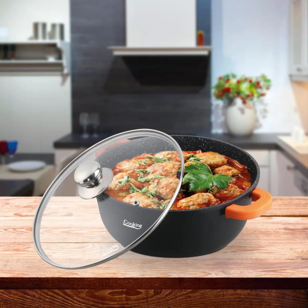 SEMIOALA ALUMINIU TURNAT +CAPAC, 28 CM X 12.5 CM, 6.5 L, DARK LINE, COOKING BY HEINNER — miniatură