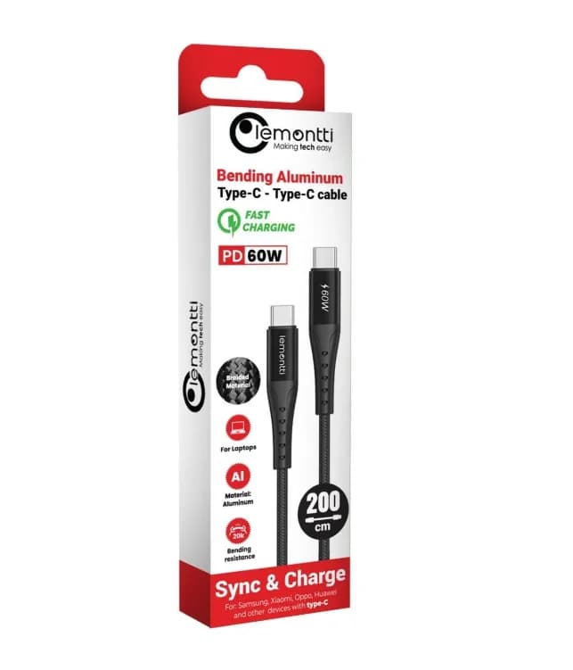 Cablu Lemontti Bending Aluminum Type-C la Type-C, Fast Charge, PD 60W, 2m, Negru — miniatură
