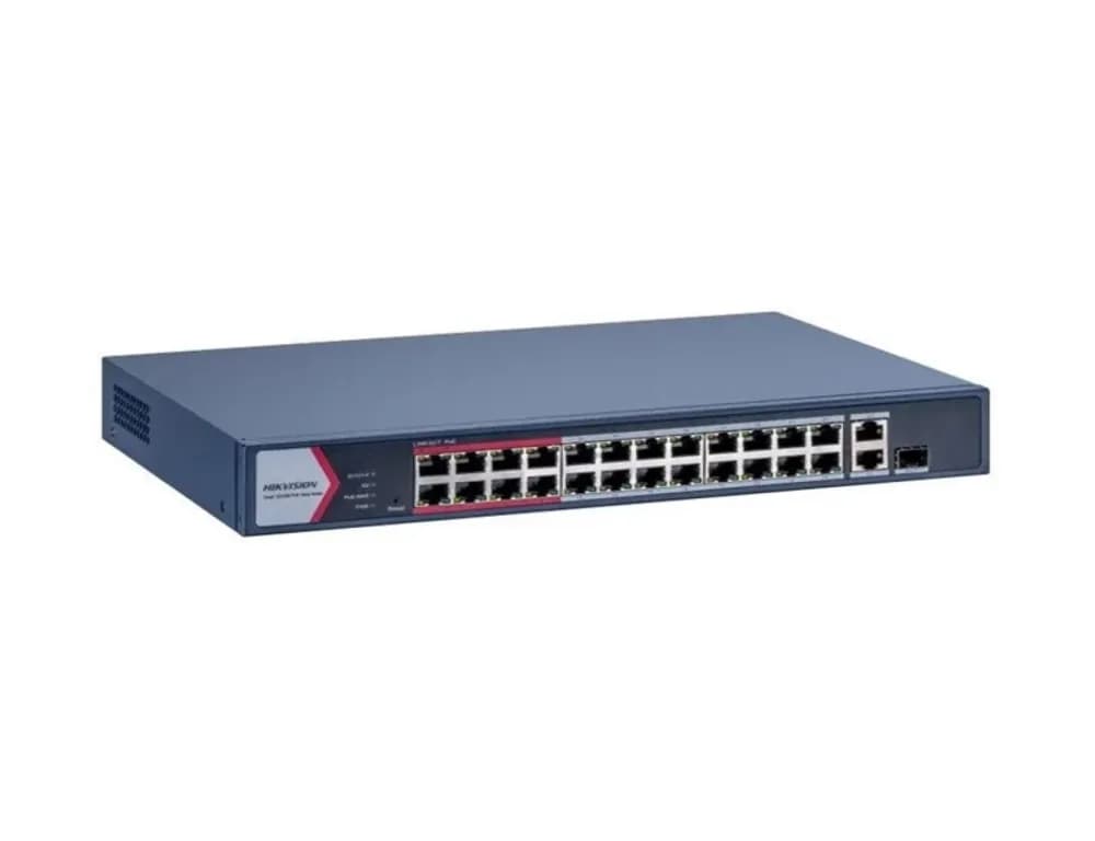 Switch PoE Hikvision DS-3E1326P-EI/M: 24 × 10/100 Mbps PoE port,1 × Gigabit combo,1 × Gigabit RJ45 port, 24 porturi PoE maxim 30W, buget PoE 230W, tensiune alimentara: 100-240 VAC, 50/60 Hz, Max. 4 A, dimensiuni: 335.00 mm × 44.50 mm × 226.00 mm, greutate: 2.13kg.