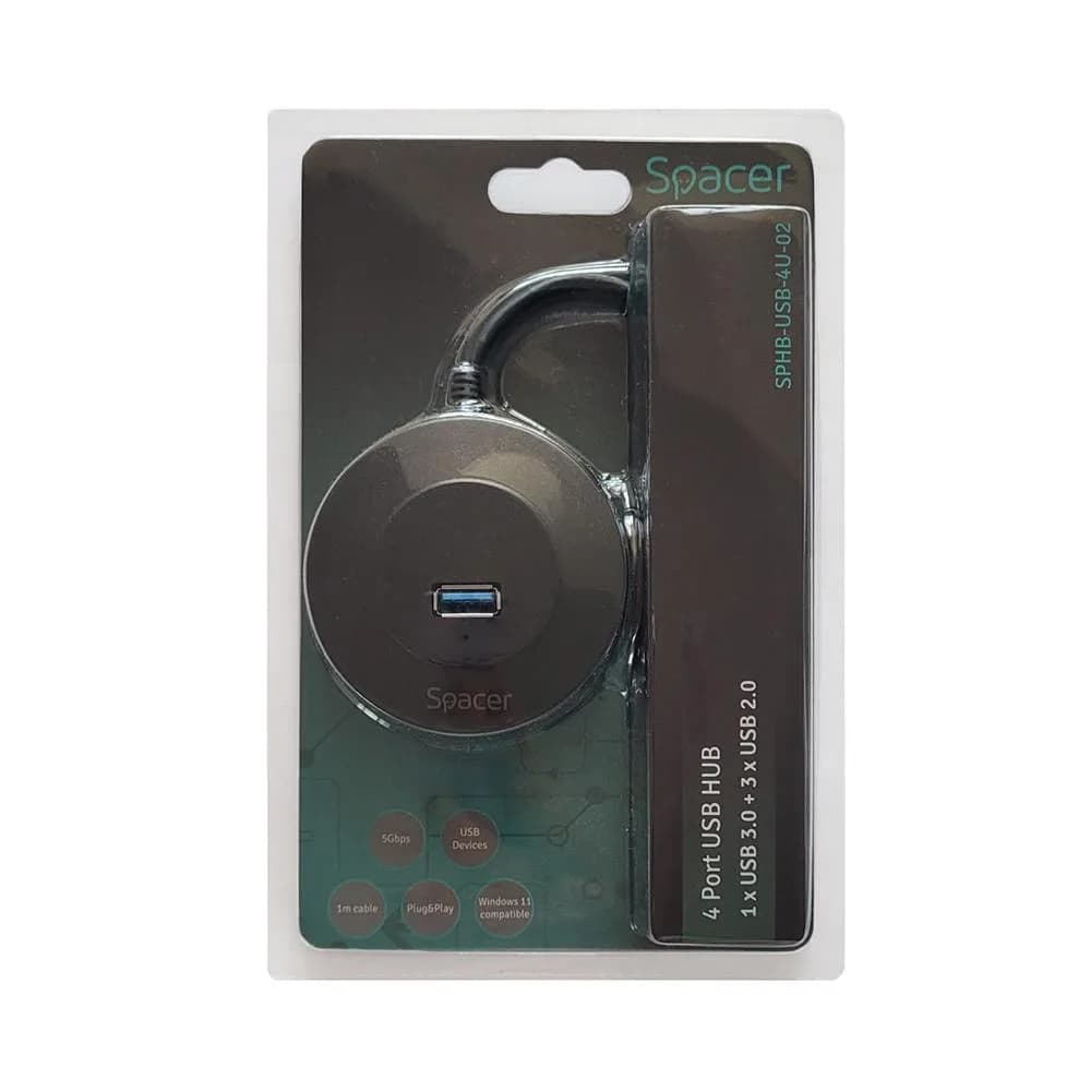 Hub USB SPACER SPHB-USB-4U-02, USB-A, 4 porturi, Negru — miniatură