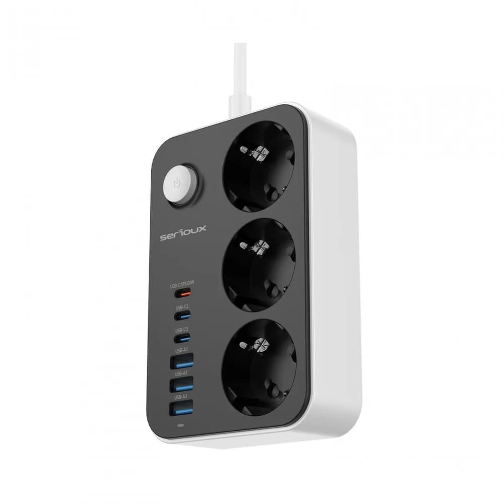 Prelungitor cu protectie Serioux SRXP-PS36B, 3 prize schuko Tensiune intrare: 100-240V, 50-60Hz Tensiune ieşire (total): 2500W – 10A 6 porturi USB (auto max): 15.5W USB-C2/C3/A1/A2/A3 - 12W USB-C1-20W Amperaj port USB (max): 3.4A Funcţie auto ID — miniatură