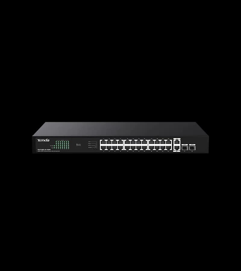 SWITCH TENDA unmanaged, 24 porturi POE+ RJ-45 gigabit, 2 porturi uplink gigabit RJ-45 si 2 porturi SFP IEEE 802.3af/at, max PoE 410W, metalic "TEG1128P-24-410W"