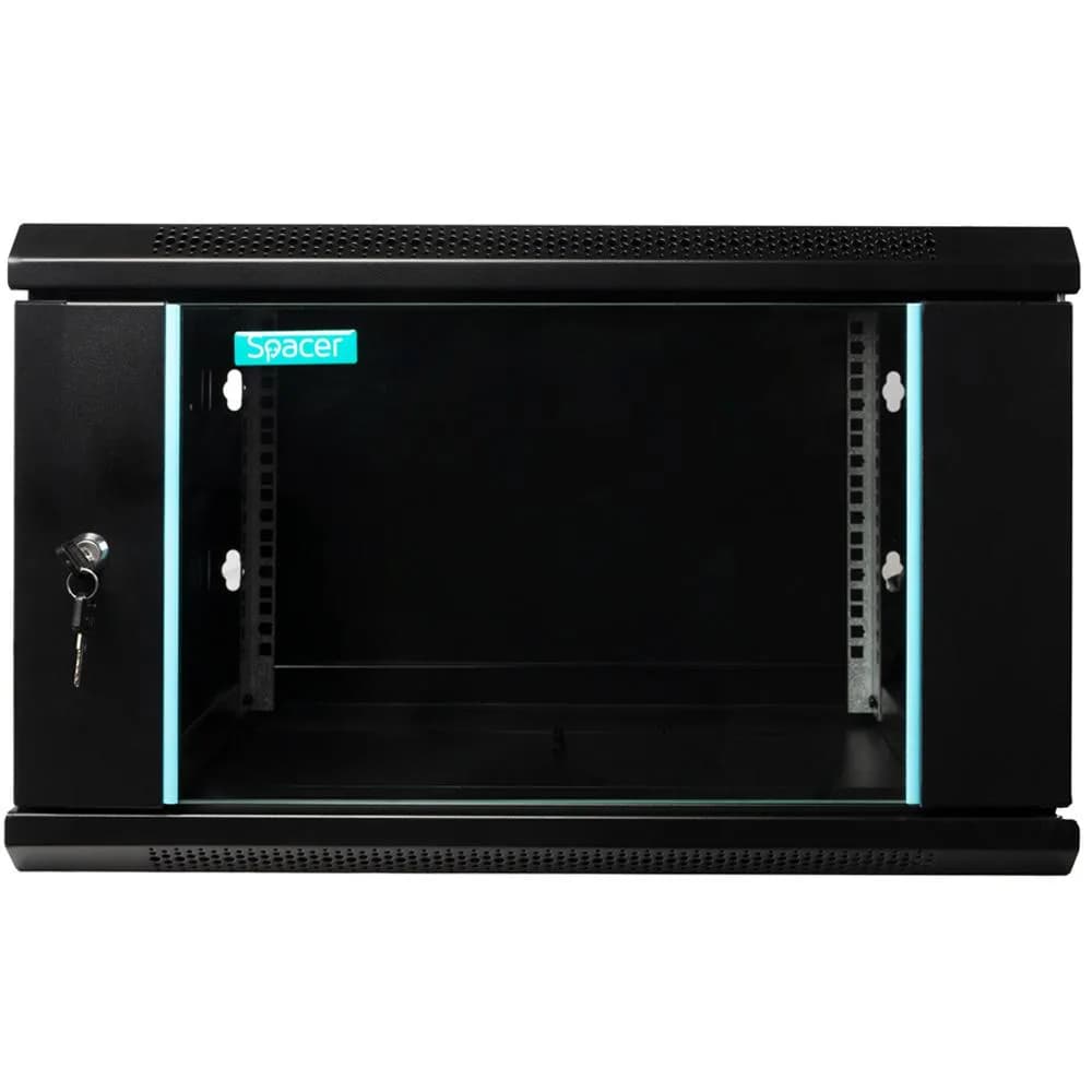 CABINET 19″ SPACER 6U 600x450mm, fixare pe perete, Flatpack (dezasamblat), Black, usa sticla cu blocare, panouri detasabile, otel 1.5mm, sarcina maxima 60Kg