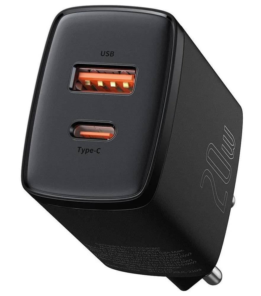 Incarcator Retea Baseus Compact, 20 W, 2 porturi, Negru — miniatură