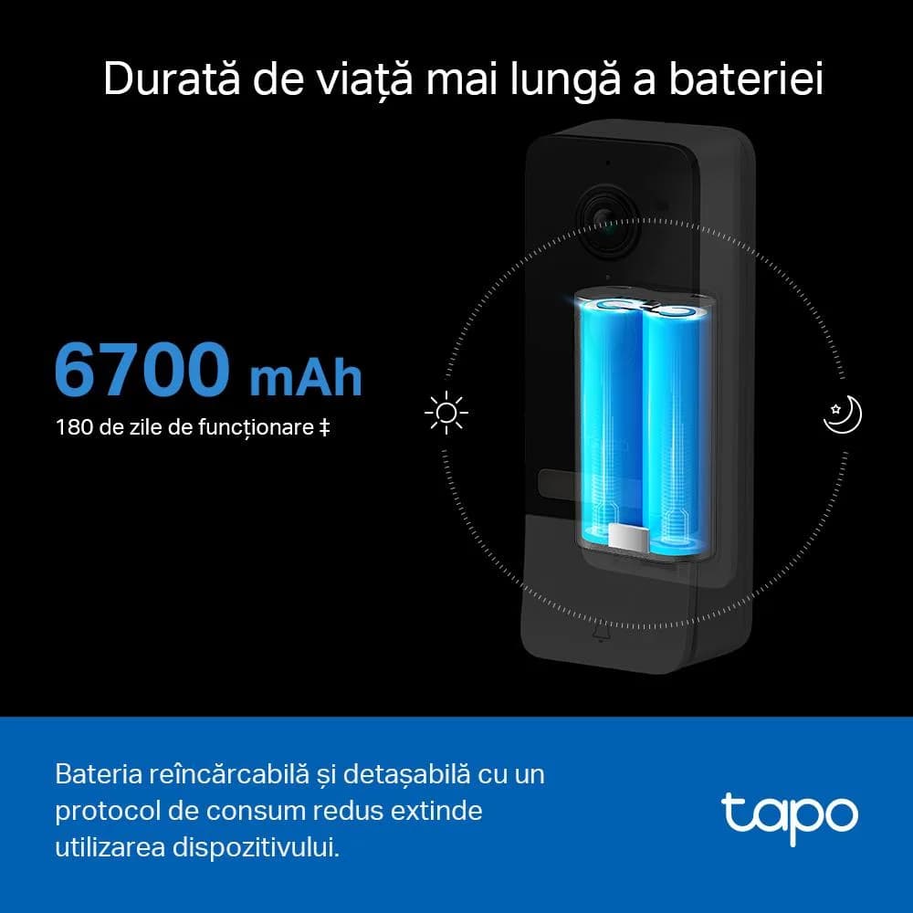 TP-Link Sonerie video smart TAPO D230S1, Senzor: 1/2.7“, Lentile F/NO: 2.1, IR pana la 7m, Rezistenta la ap: IP64, Unghi vizualizare: 160° pe diagonală, Rezolutie: 2K 5MP (2560 × 1920px), Compresie video: H.264, Microfon și difuzor încorporate, Standarde și Protocoale: IEEE 802.11b/g/n, 2.4 GHz — miniatură