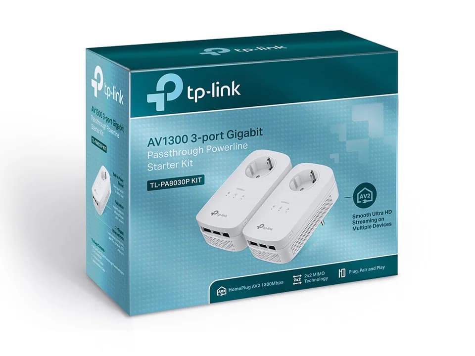 KIT ADAPTOR POWERLINE TP-LINK tehnologie AV2, AV1300, pana la 1300Mbps, 3 porturi Gigabit, priza AC, 2 buc. "TL-PA8030P KIT" — miniatură