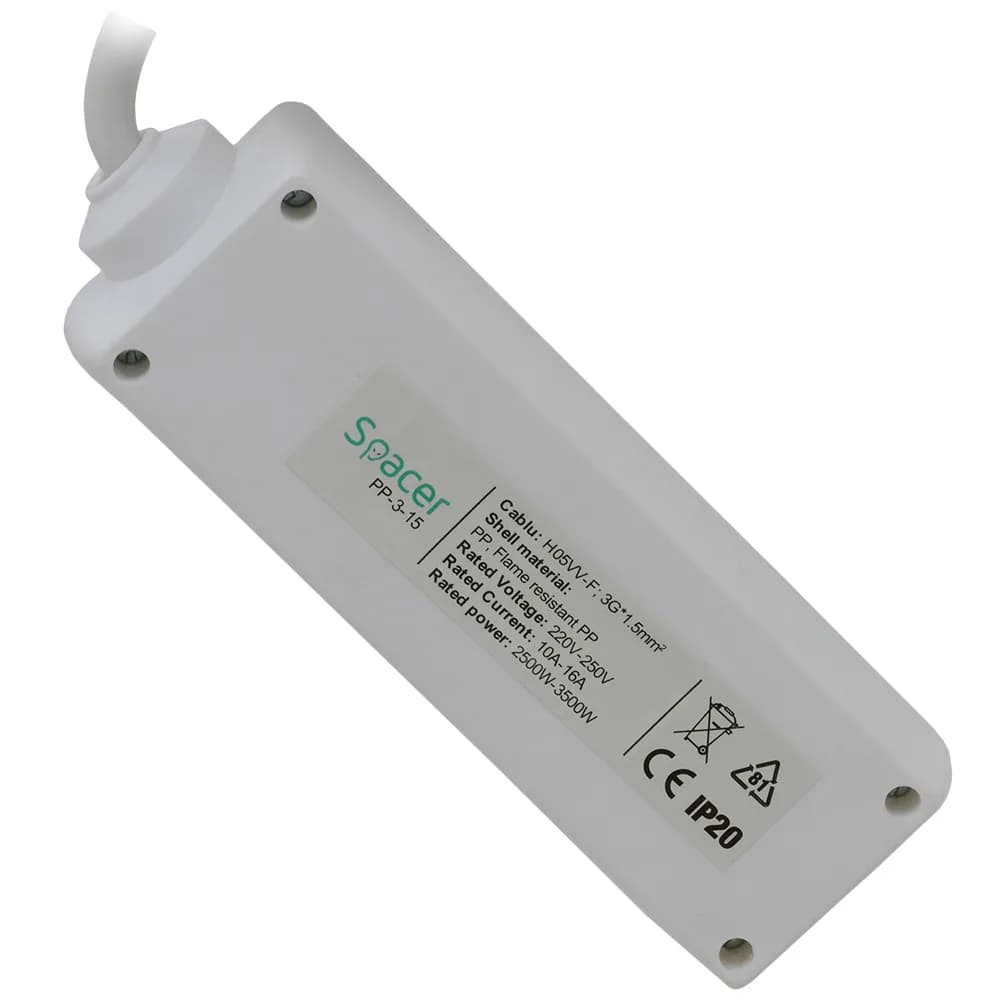 PRELUNGITOR SPACER, Schuko x 3, conectare prin Schuko (T), cablu 1.5 m, 16 A, protectie copii, protectie supratensiune, alb, "PP-3-15" — miniatură