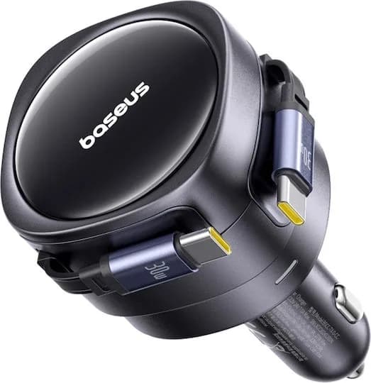 INCARCATOR auto Baseus Enjoyment Max, Quick Charge 60W, cablu retractabil integrat 2 x USB Type-C, negru "C00035507121-01" - 6932172682576 — miniatură