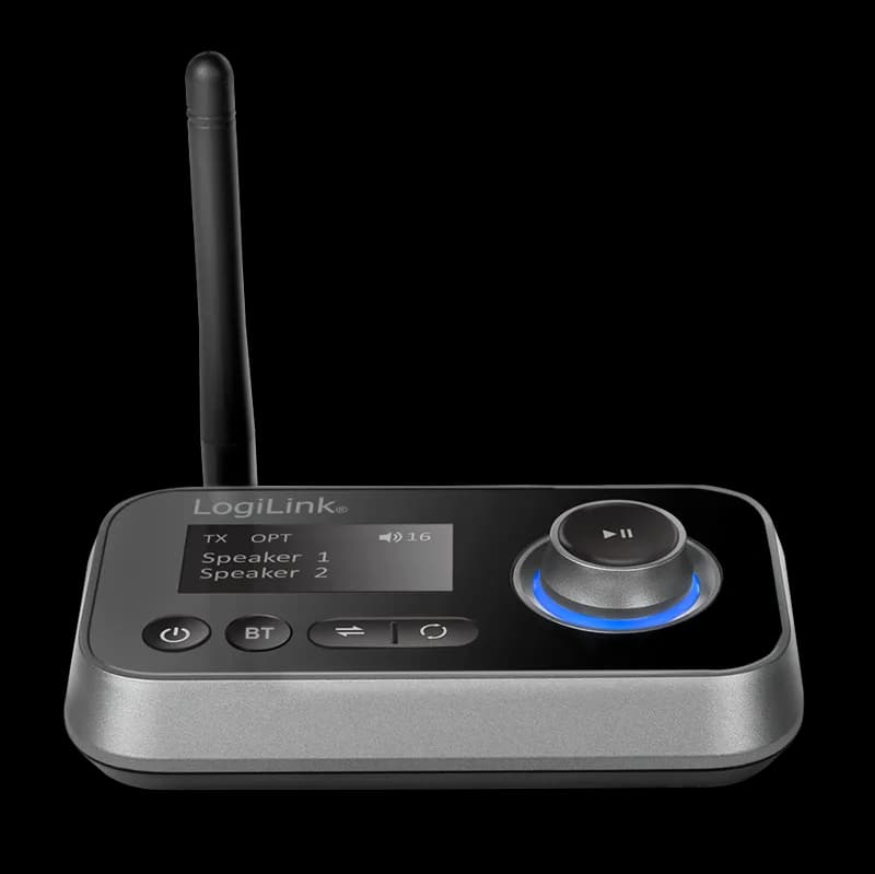 RECEIVER; Transmitter audio Logilink, conect Jack 3.5mm & S/PDIF in/out, dist max.10 m, BT v5.0, suporta dual stream in TX mode,LCD 1.8", ant.,incarcare USB-C,bk "BT0062" — miniatură