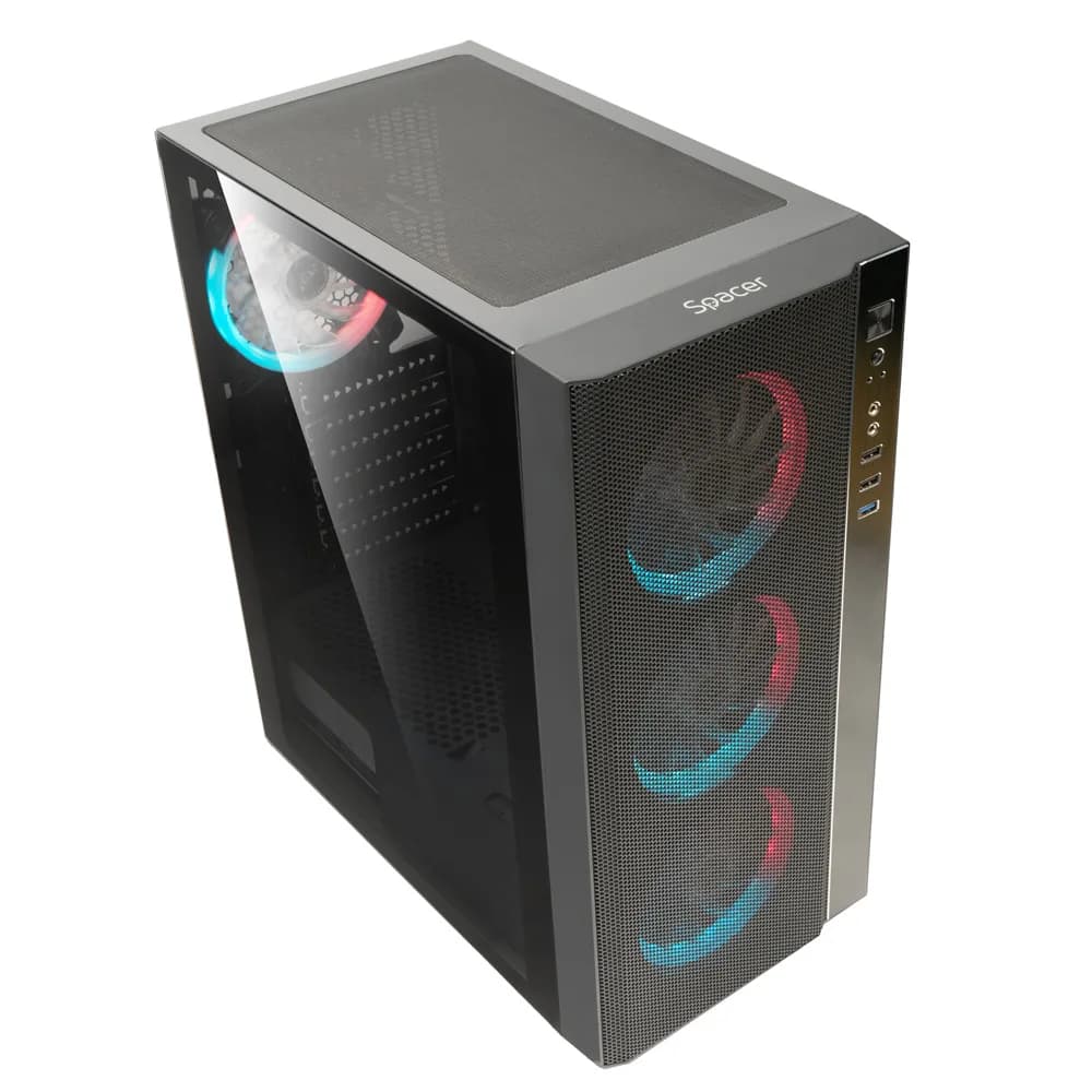 CARCASA SPACER - gaming, Middle Tower, ATX, "RAINBOW", fara sursa, sticla securizata, fara ventilatoare, USB 2.0 x 2, USB 3.0 x 1, HD-Audio, mesh, panou frontal plasa metalica+aluminiu, "SPCS-GC-RAINBOW-NF" — miniatură