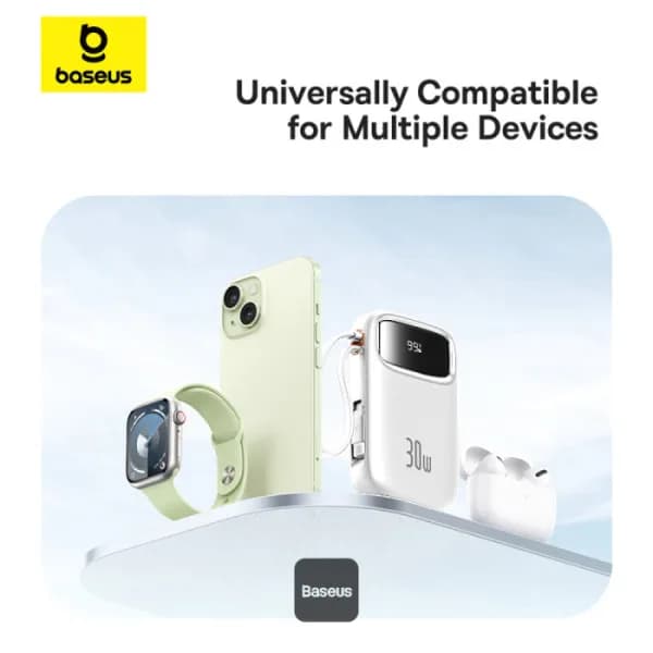 POWER BANK Baseus Qpow2 Digital Display, 10000mAh, 30W, 2 x USB Type-C output/input, 1 x USB, include cablu USB Type-C la USB Type-C 30cm, alb, "P10055008213-00" - 6932172667733 — miniatură