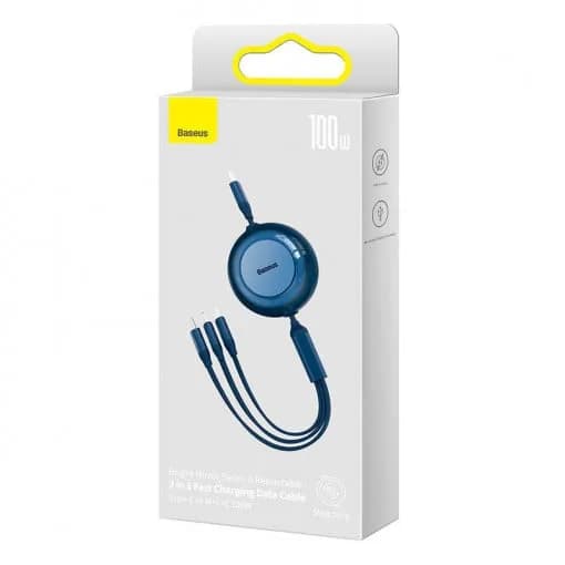 CABLU alimentare si date Baseus Bright Mirror 2, retractabil 3-in-1, pt smartphone,USB Type-C la Micro-USB + Lightning + USB Type-C 100W, 1.1m, albastru "CAMJ010203" - 6932172609146 — miniatură