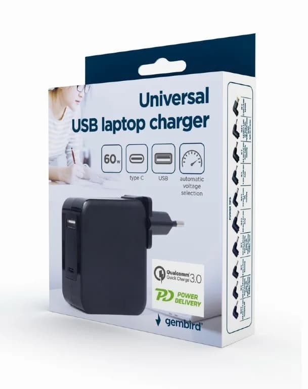 ALIMENTATOR Notebook Universal AC-DC, GEMBIRD, 60W - tensiuni 5V-20V DC la 4.5 A max, 1x USB-A + 1x USB Type-C, conectori M4/M5/M6/M7/M8/M12/M19/M20/M21/M28, cablu 1.5m, negru, "NPA-PD60-01" — miniatură
