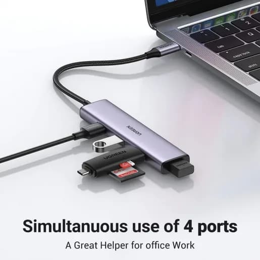 HUB extern Ugreen, "CM473" porturi USB: USB 3.0 x 4, conectare prin USB Type-C, aluminiu, lungime 20 cm, gri, "20841" - 6957303828418 — miniatură