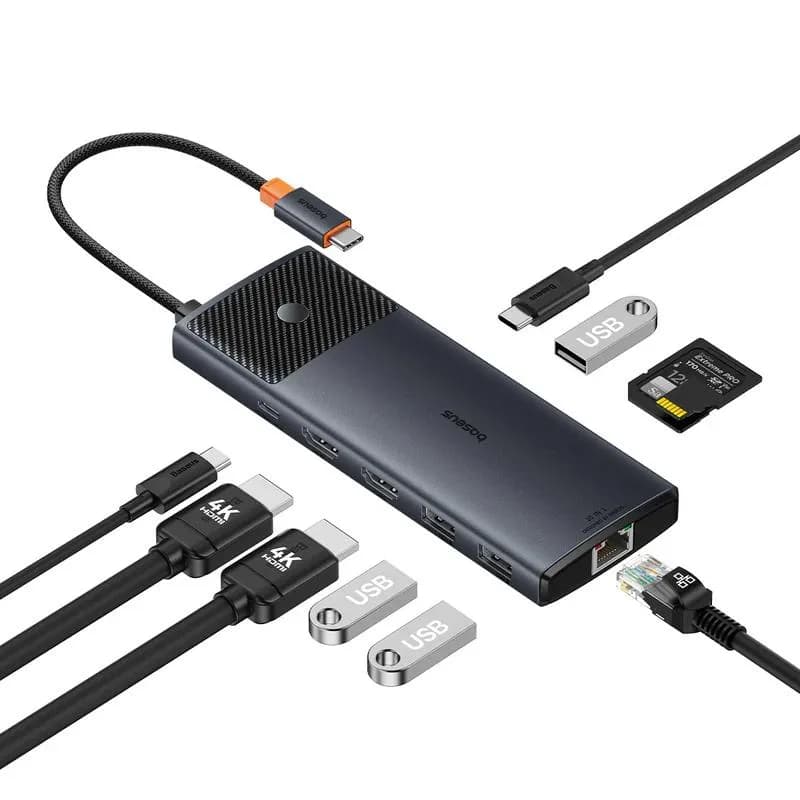 DOCKING Station Baseus Metal Gleam Series II 10-in-1, conec PC USB-C, USB 3.0x2, USB Type-Cx1, USB-Type-Cx1 PD 100W, HDMIx2/4K/60Hz, Gigabit RJ-45x1,card readerx1,LED, gri "B00061800123-01" - 6932172689667 — miniatură