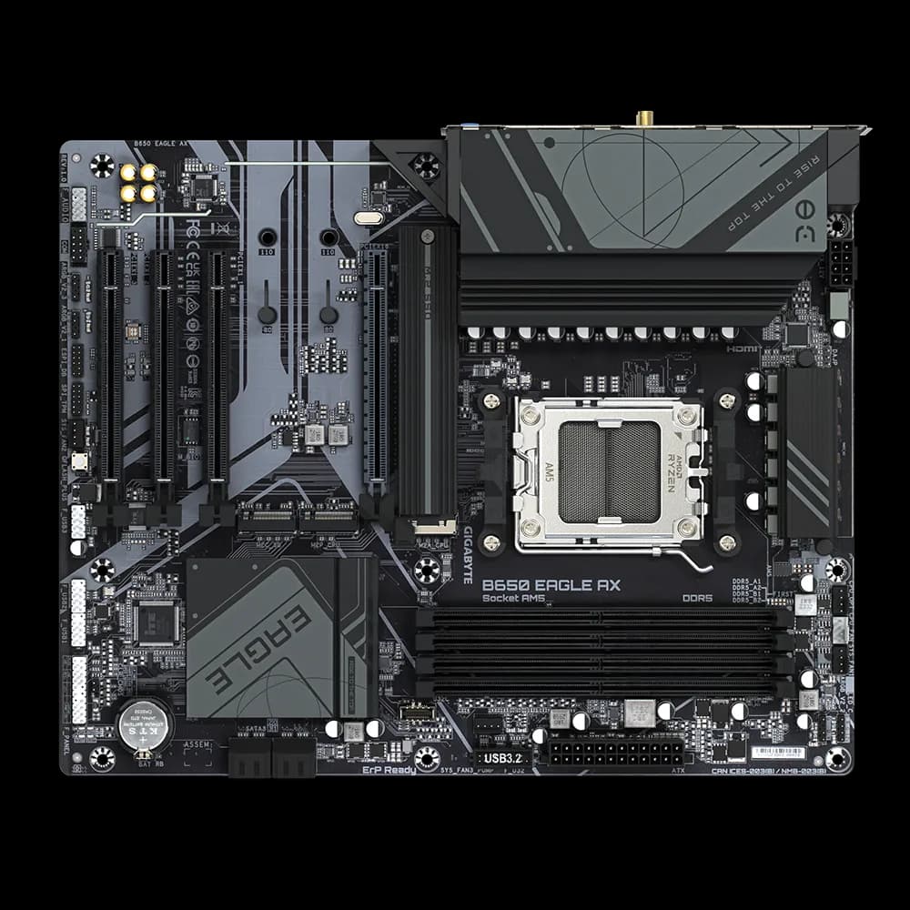 PLACI de BAZA Gigabyte AMD B650 | 4xDDR5 7600(OC) | 1xDP, 1xHDMI, 1xUSB-C, with USB 3.2 Gen 1, 2xUSB 3.2 Gen 2 Type-A, 6 x USB 2.0/1.1 ports, 1xRJ-45 port, 3xjacks | ATX "B650 EAGLE AX" — miniatură
