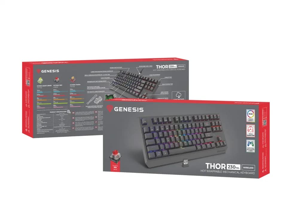 Tastatura Mecanica Gaming Genesis Thor 230 TKL, RGB, Wireless, Negru — miniatură