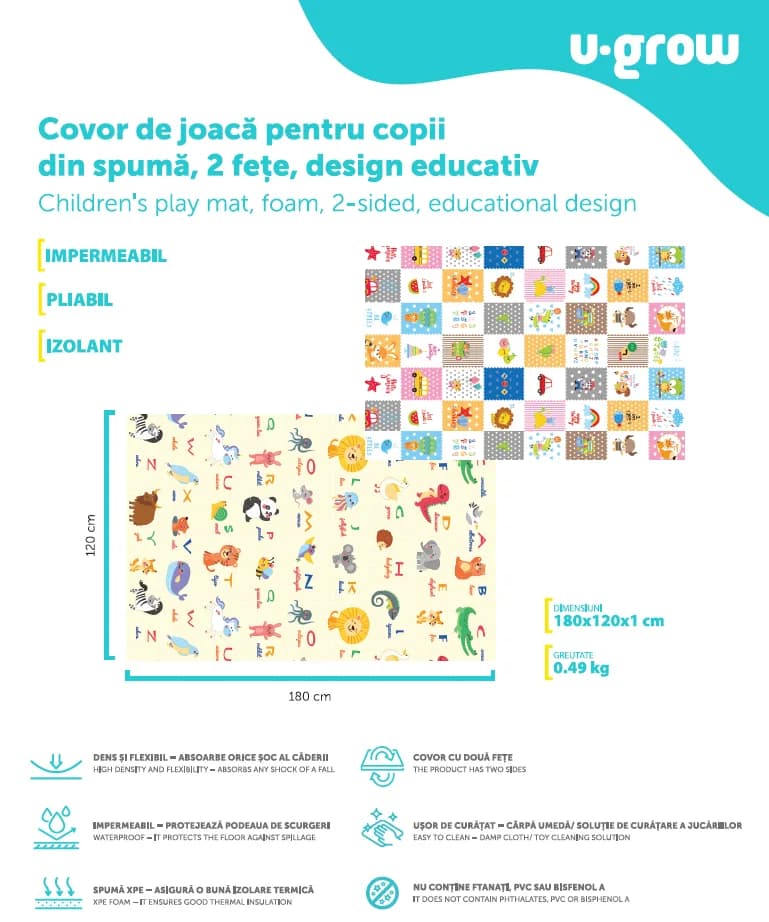Covor de joaca pentru copii U-Grow, din spuma, pliabil, 2 fete, impermeabil, izolant, 180 x 120 x 1 cm, design educativ — miniatură