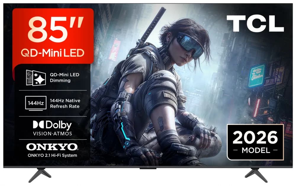 Televizor TCL QD-MiniLED 85T8D, 215 cm, Smart Google TV, 4K Ultra HD, 144Hz, Onkyo