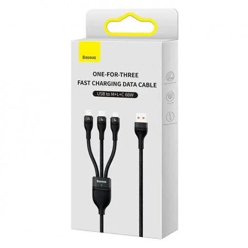 CABLU alimentare si date Baseus Flash, One-for-three Retractable, pt smartphone,USB la Micro-USB+Lightning + USB Type-C 66W, 1.2m, negru "CASS040001" - 6932172618100 — miniatură