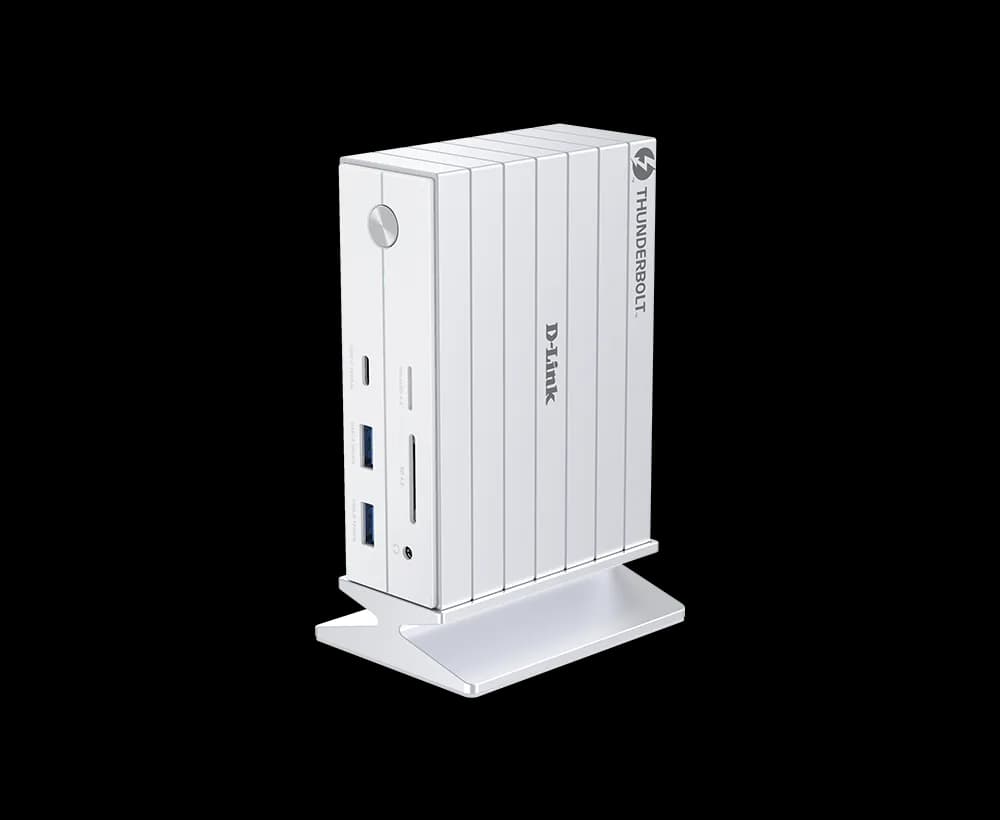 DOCKING STATION D-LINK, 14-in-1 Thunderbolt 4, conectare PC Type-C, porturi: 1xjack 3.5,1xSD/microSD slot, 3xUSB, 2xUSB 3.1, 1xUSB Type-C, 1xGigabit RJ45, 1xThunderbolt 4, 1xHDMI 2.1 8K/30Hz, 1xDP 1.4 8K/30Hz, alb "DUF-E01"