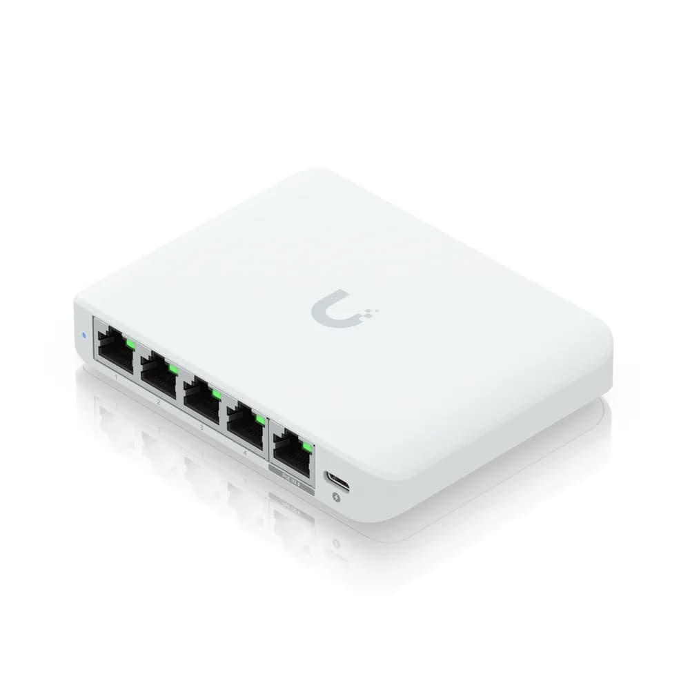 Ubiquiti 5-port 2.5G switch that can be powered with PoE or a USB-C adapter; 4x 2.5 GbE ports, 2.5 GbE PoE input port for power "USW-FLEX-2.5G-5-EU" — miniatură