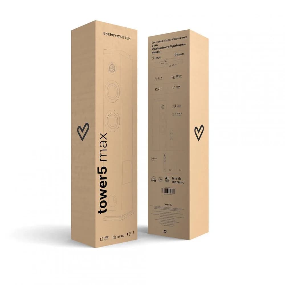 Sistem Audio 2.1 Energy System Tower 5 MAX, bluetooth 5.3, interfata jack 3.5mm, putere: 100W, frecventa raspuns 40 Hz ~ 18 kHz, frecventa FM: 87,5 - 108 MHz, ecran/afisaj: LED, suport card de memorie: microSD si stick-uri USB pana la 128 GB, include telecomanda, material: lemn, dimensiuni — miniatură
