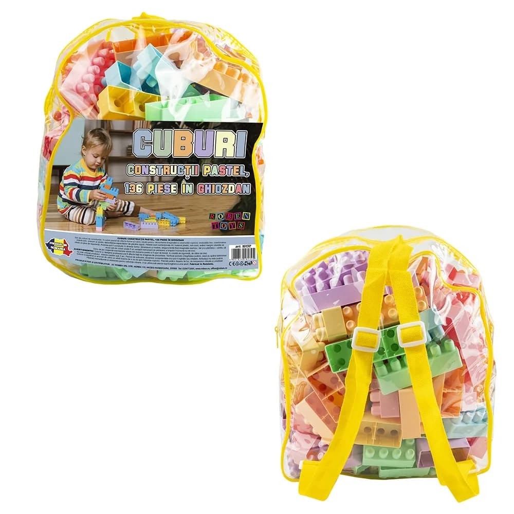 Cuburi constructii, pastel, 136 piese/ghiozdan - ROBENTOYS — miniatură
