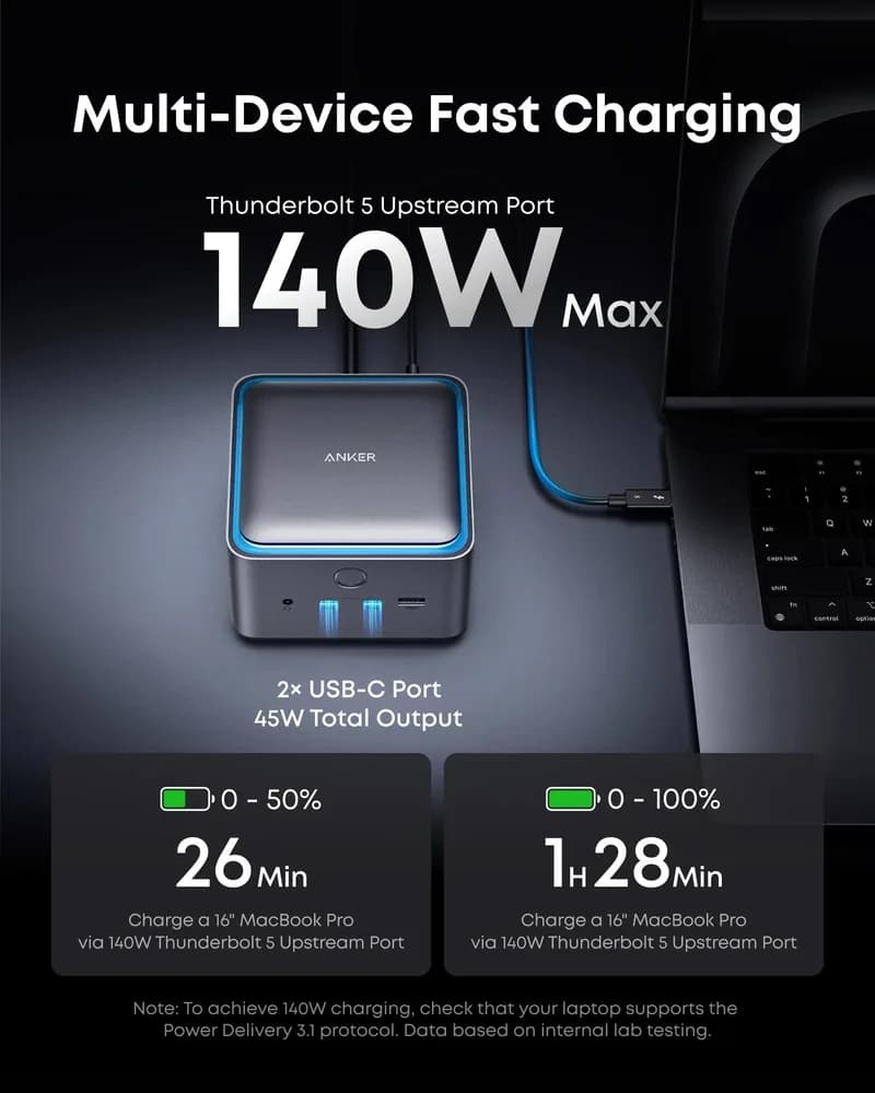 DOCKING Station Anker 14-in-1, porturi: 1xThunderbolt 5 up 140W, 2xThunderbolt 5 downs 15W, 3xUSB-A 10Gbps, 2xUSB-C max 45W, 1xHDMI, 1xDisplay port, 1xRJ-45 2.5Gbps, 1xSD/TF, conect USB-C, gri "A83B53A1" ( - 0194644291839 — miniatură