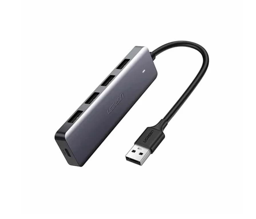HUB extern Ugreen, "CM219" porturi USB: USB 3.0 x 4, conectare prin USB, material ABS, port micro USB 5V, lungime 15 cm, LED, gri, "50985" - 6957303859856 — miniatură