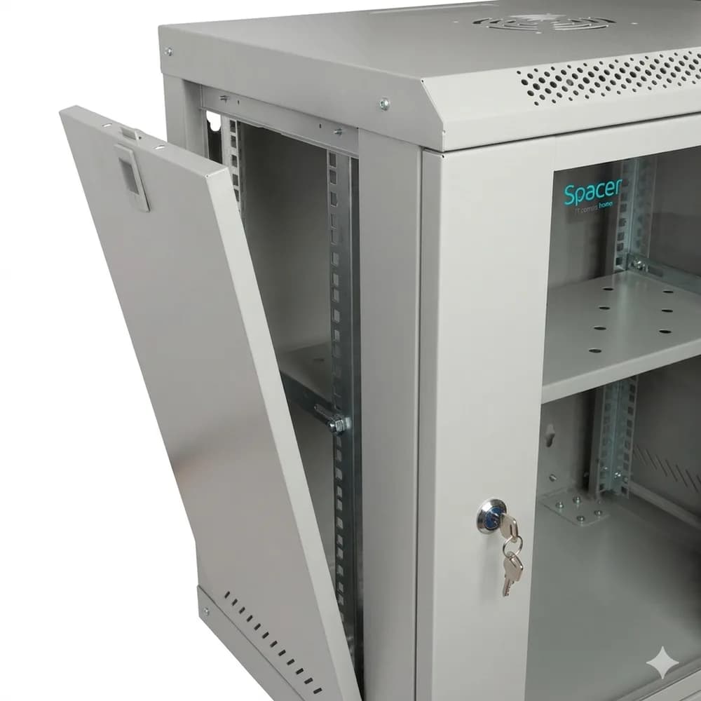 CABINET 19" SPACER 12U 500x450mm, fixare pe perete, Flatpack (dezasamblat), Grey, usa sticla cu blocare, panouri detasabile, otel 1mm, sarcina maxima 25Kg, contine un raft si roti, "SPCW-12U-450-GR-02" — miniatură