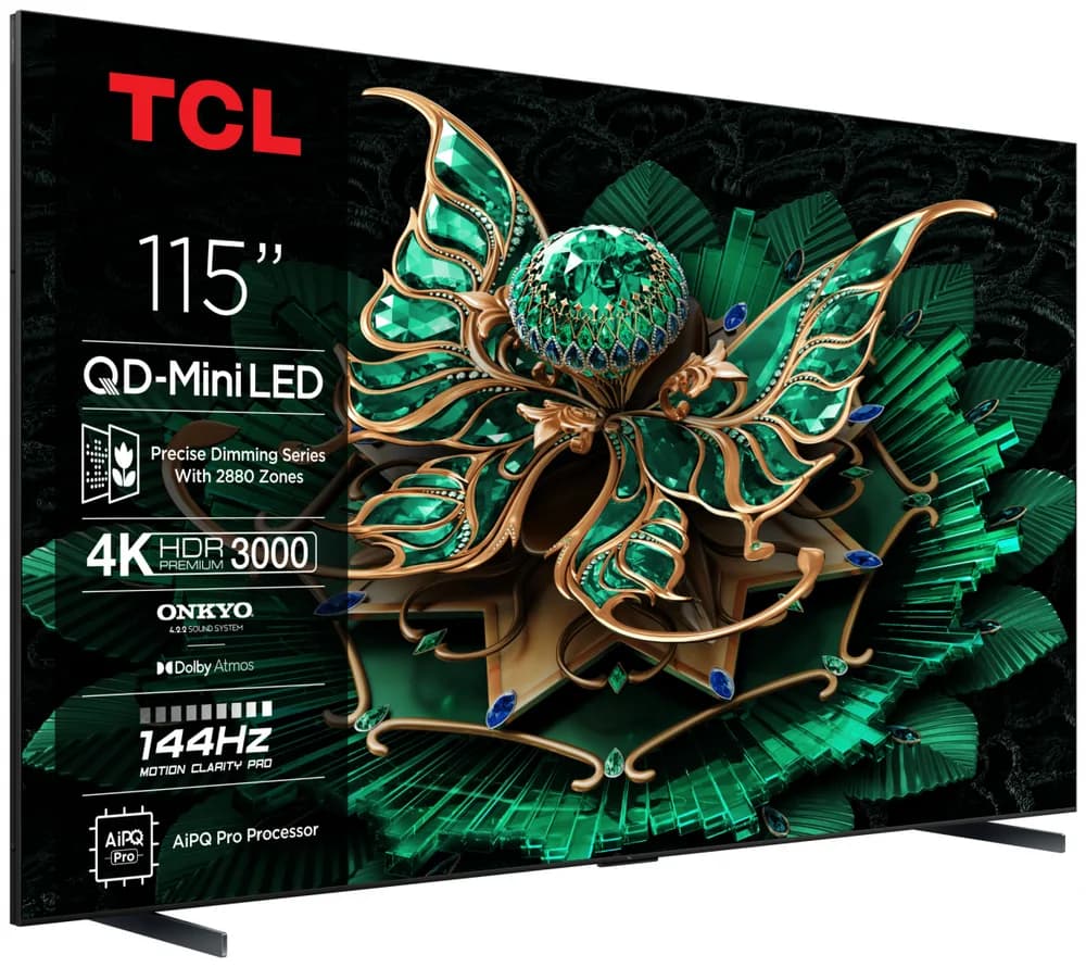 Televizor TCL QD-MiniLED 115C7K, 291 cm, Smart Google TV, 4K Ultra HD,144Hz, Clasa E, Onkyo — miniatură