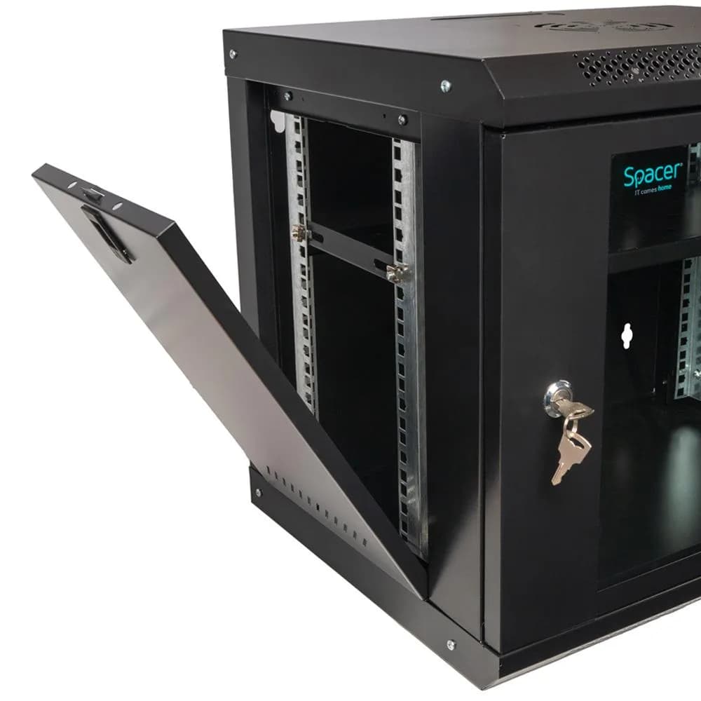 CABINET 19″ SPACER 9U 500x450mm, fixare pe perete, Flatpack (dezasamblat), Black, usa sticla cu blocare, panouri detasabile, otel 1mm, sarcina maxima 25Kg — miniatură
