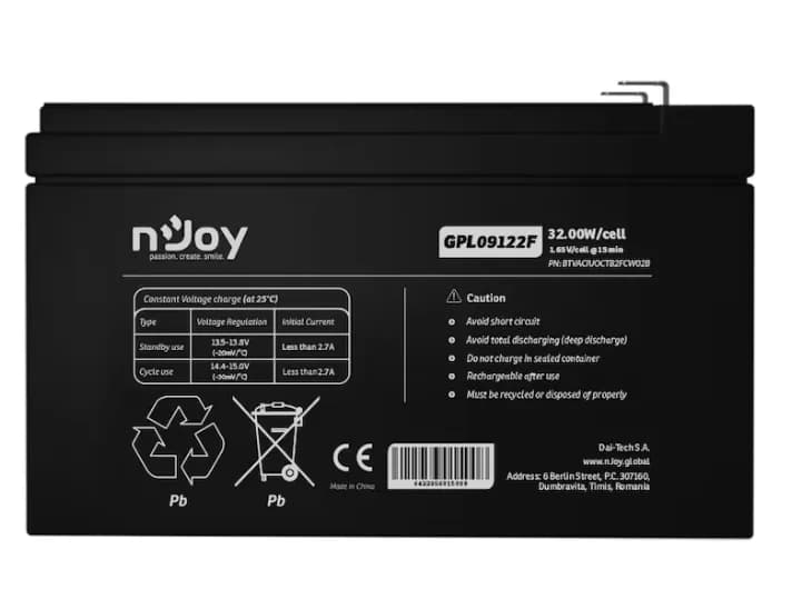 Acumulator nJoy GPL09122F 12V 30.55W/cell, Capacitate 32.00W/cell evaluat la 10V15 min, Tensiune 12V, Tip VRLA - fara mentenanta, Caracteristici: Sigilata complet si fara intretinere, Pana la 500 de cicluri la 100% DOD, Utilizare standard 9 ani, Auto-descarcare limitata, Conectori : F2 terminal