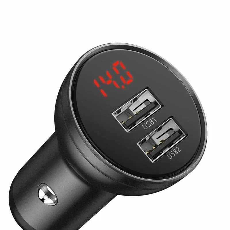 INCARCATOR auto Baseus Digital Display,Quick Charge 24W,2 x USB 5V/4.8A,contine cablu 3 in 1: USB la USB Type-C,microUSB si Lightning de 1.2m, gri "TZCCBX-0G" - 6953156215405