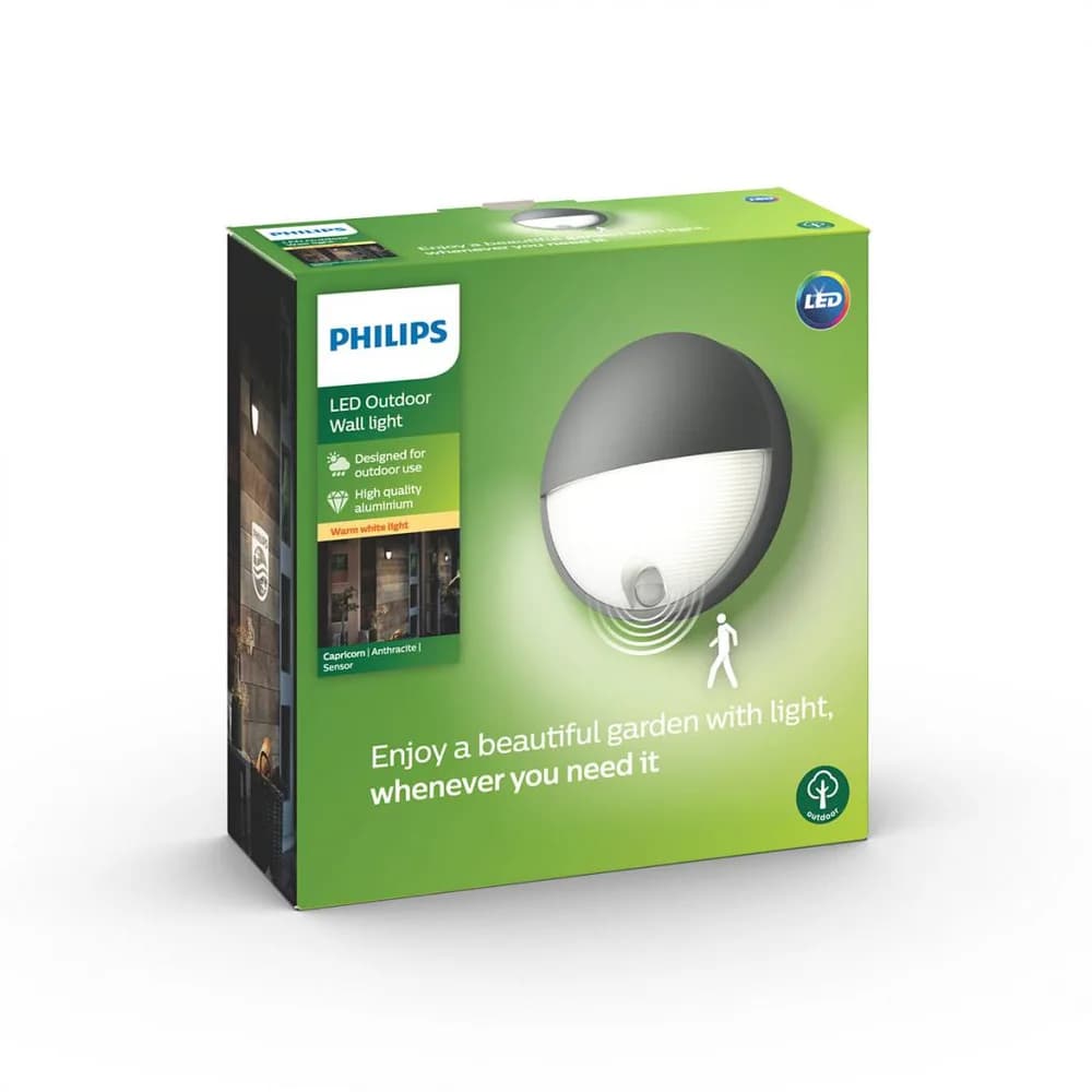 Aplica LED pentru exterior cu senzor de miscare Philips Capricorn,6W(47W), 600 lm, lumina calda (2700K), IP44, 78x214mm, Antracit — miniatură
