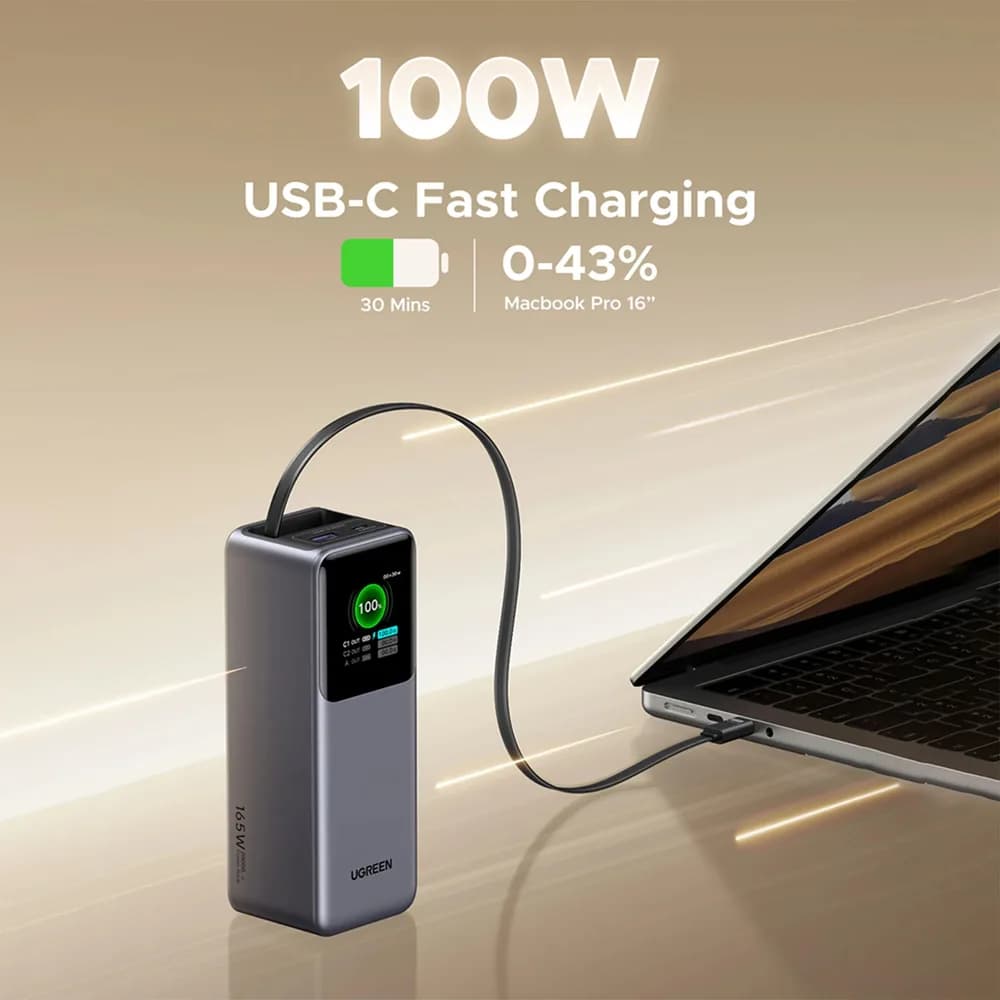 POWER BANK Ugreen "PB726", 20000mAh, 165W PD3.0, 1 x USB, 2 x USB Type-C, 1 x USB Type-C cablu integrat, display, gri, "55987B" — miniatură