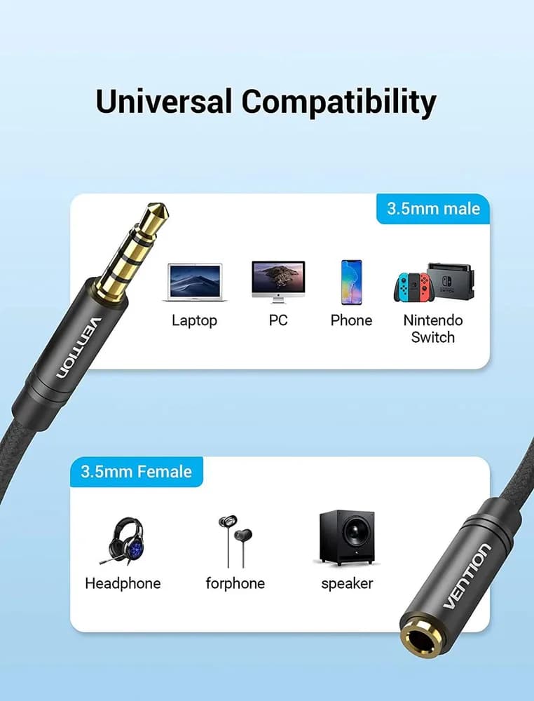 Cablu audio prelungitor Vention, Jack 3.5mm (T) la Jack 3.5mm (M), 2m, negru, "BHBBH" — miniatură