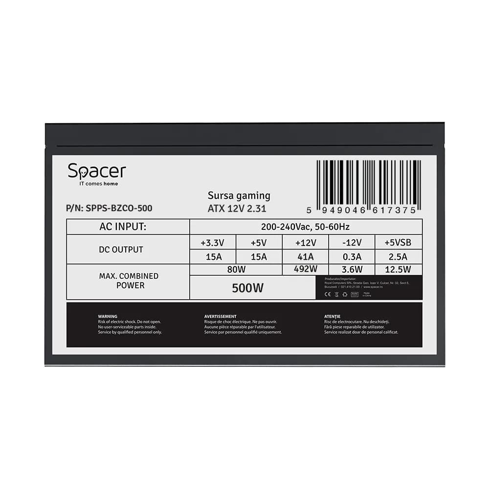 SURSA SPACER BZCO-500 80+ Bronze compatible, 500W, fan 120mm, MB (20+4) x1, CPU (4+4) x1, PCI-E (6+2) x2, SATA x5, Molex x1, *retail* "SPPS-BZCO-500" — miniatură