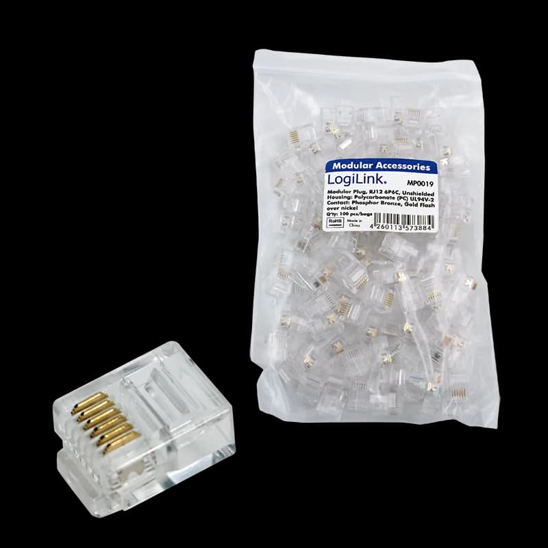 MUFA RJ-45 LOGILINK pt. cablu flat, Cat5e, RJ-45 (T), neecranat, plastic, contacte aurite, 100 buc, "MP0019" — miniatură