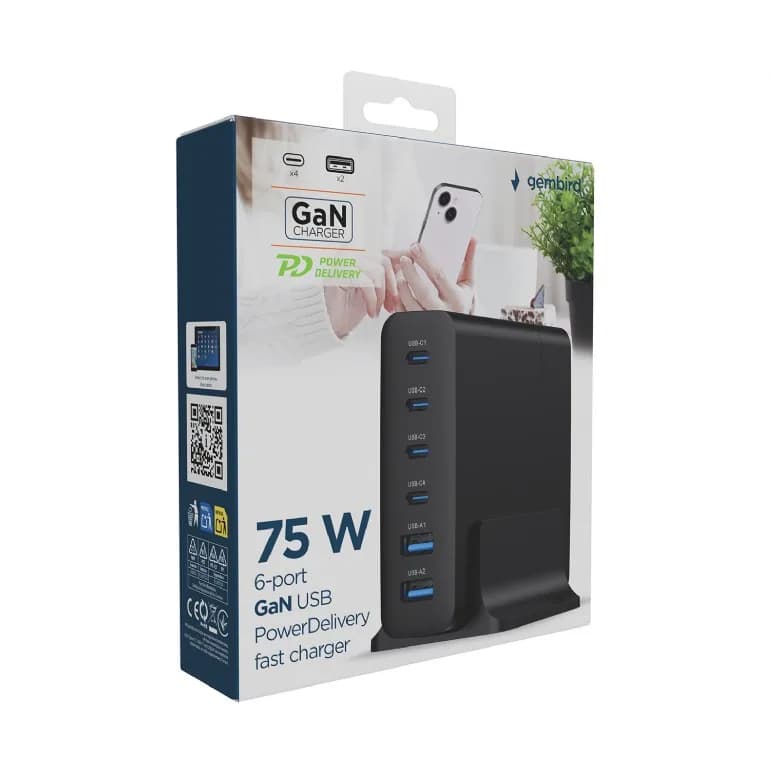 ALIMENTATOR retea 220V GEMBIRD, universal, 2 x USB-A + 4 x USB-C 3A, max. 75W PD GaN, protectie: scurtcircuit, supraincarcare, supratensiune, supraincalzire, cablu 1.5m, negru, "TA-UC-2A4C-PD75-01-BK" — miniatură